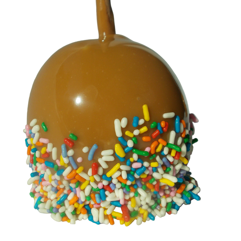 Traditional Caramel Apple covered in colorful sprinkles